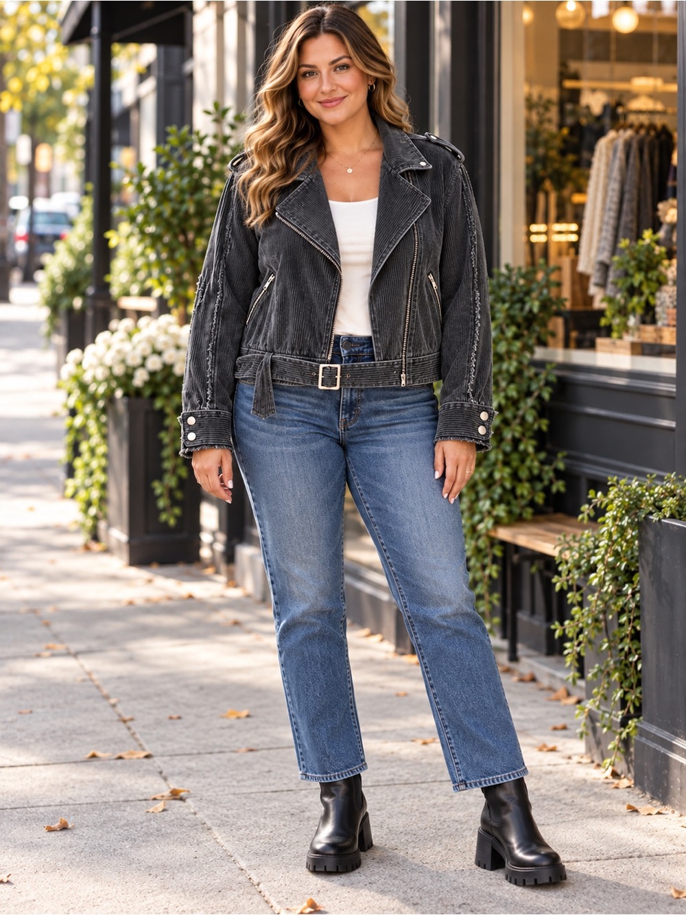 POL vintage Charcoal Corduroy Belted Moto Jacket Distressed Raw Edge Size Large